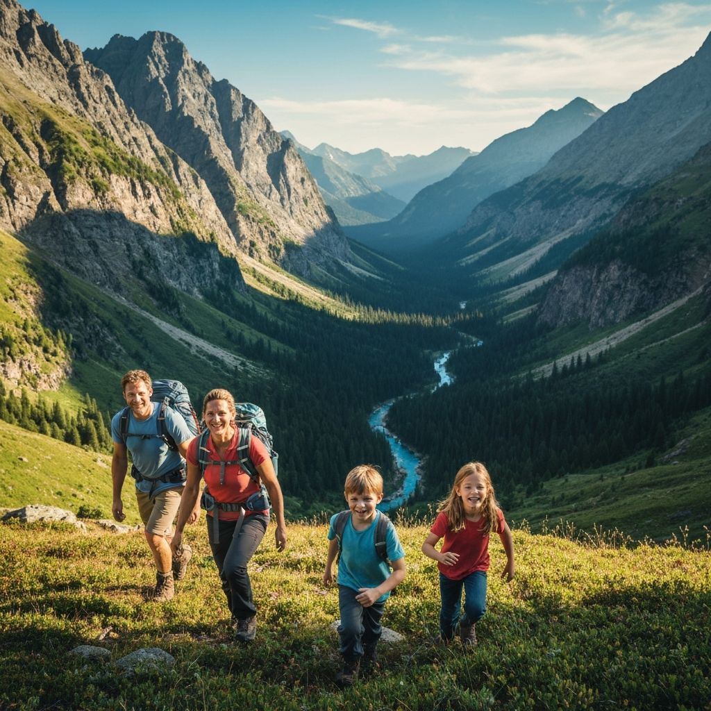Family of 5 hiking in the mountains